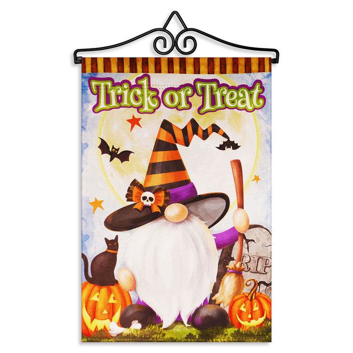 G128 Combo Pack Garden Flag Hanger 14IN & Garden Flag Trick or Treat Witch Hat Gnome with Broom 12x18IN Printed Double Sided Blockout Fabric