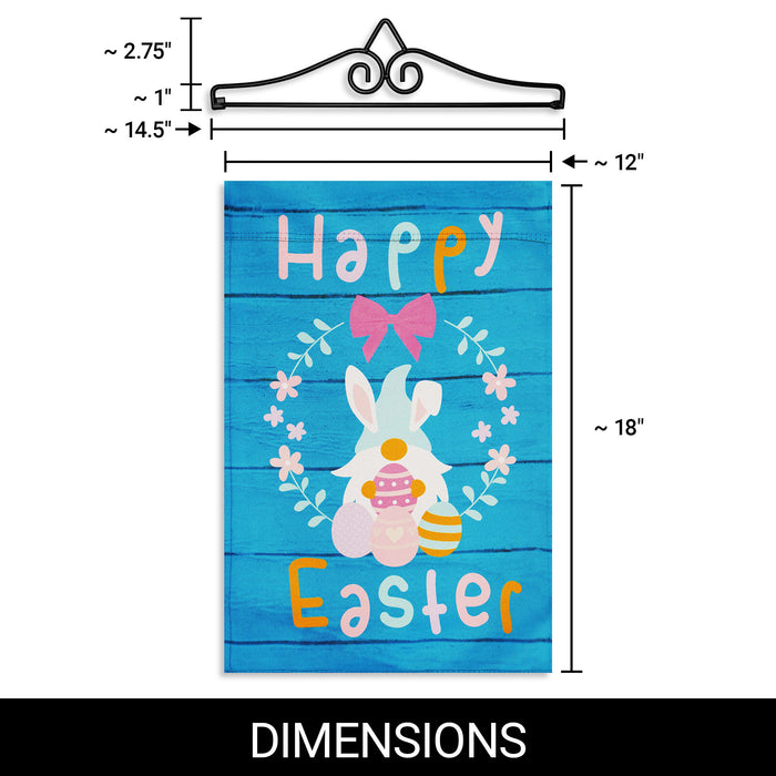 G128 Combo Pack Garden Flag Hanger 14IN & Garden Flag Happy Easter Rabbit Gnome with Eggs 12x18IN Printed Double Sided Blockout Fabric