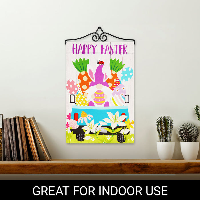 G128 Combo Pack Garden Flag Hanger 14IN & Garden Flag Happy Easter Gnome in Truck Blockout 12x18IN Printed Double Sided Blockout Fabric
