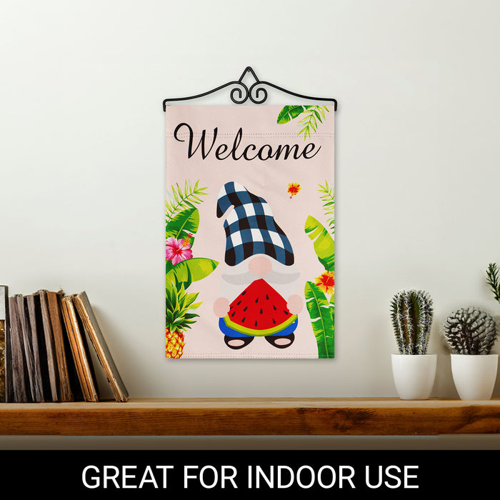 G128 Combo Pack Garden Flag Hanger 14IN & Garden Flag Welcome Gnome with Watermelon Slice 12x18IN Printed Double Sided Blockout Fabric