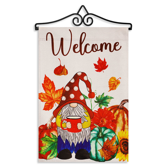 G128 Combo Pack Garden Flag Hanger 14IN & Garden Flag Welcome Gnome with Coffee at Harvest 12x18IN Printed Double Sided Blockout Fabric