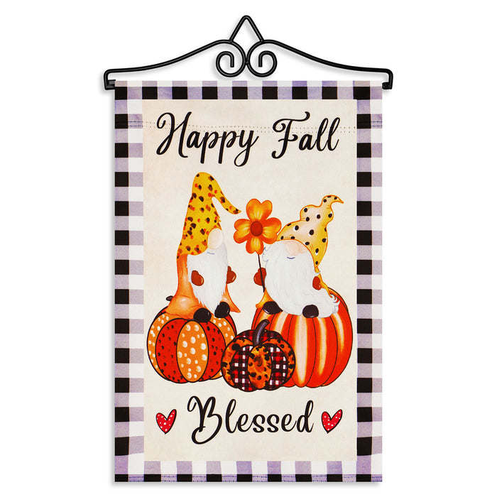 G128 Combo Pack Garden Flag Hanger 14IN & Garden Flag Happy Fall Blessed 2 Gnomes Sitting on Pumpkins 12x18IN Printed Double Sided Blockout Fabric