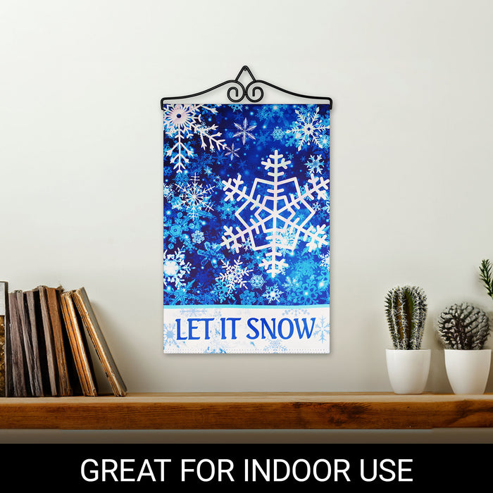 G128 Combo Pack Garden Flag Hanger 14IN & Garden Flag Let It Snow Snowflakes 12x18IN Printed Double Sided Blockout Fabric