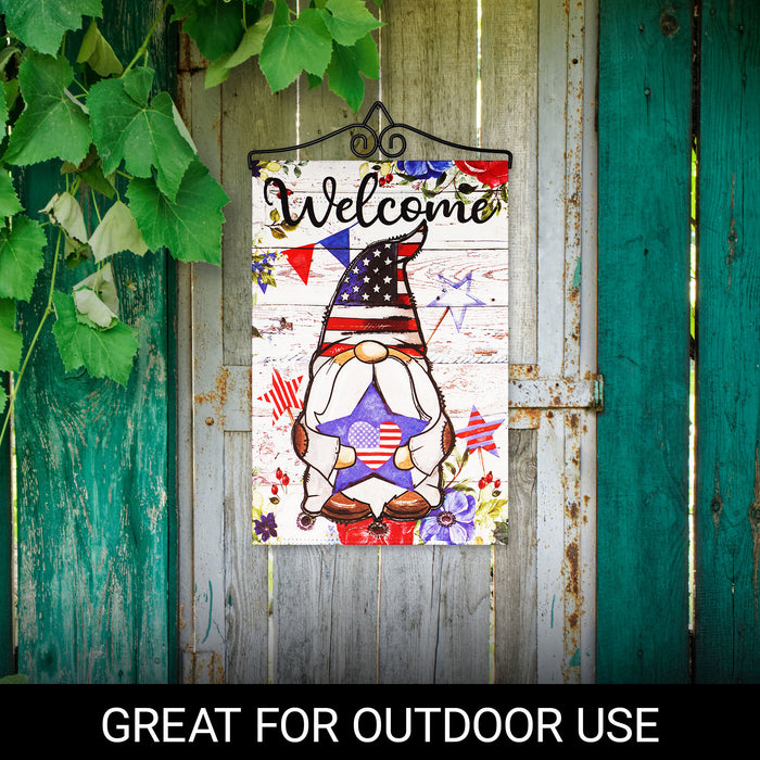 G128 Combo Pack Garden Flag Hanger 14IN & Garden Flag Welcome Patriotic Gnome with Star 12x18IN Printed Double Sided Blockout Fabric