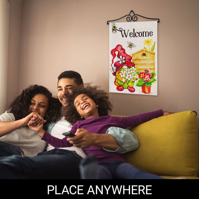 G128 Combo Pack Garden Flag Hanger 14IN & Garden Flag Welcome Gnome with Flowers 12x18IN Printed Double Sided Blockout Fabric