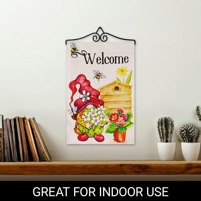 G128 Combo Pack Garden Flag Hanger 14IN & Garden Flag Welcome Gnome with Flowers 12x18IN Printed Double Sided Blockout Fabric
