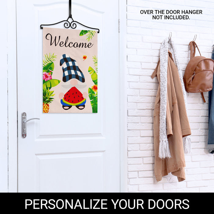 G128 Combo Pack Garden Flag Hanger 14IN & Garden Flag Welcome Gnome with Watermelon Slice 12x18IN Printed Double Sided Blockout Fabric