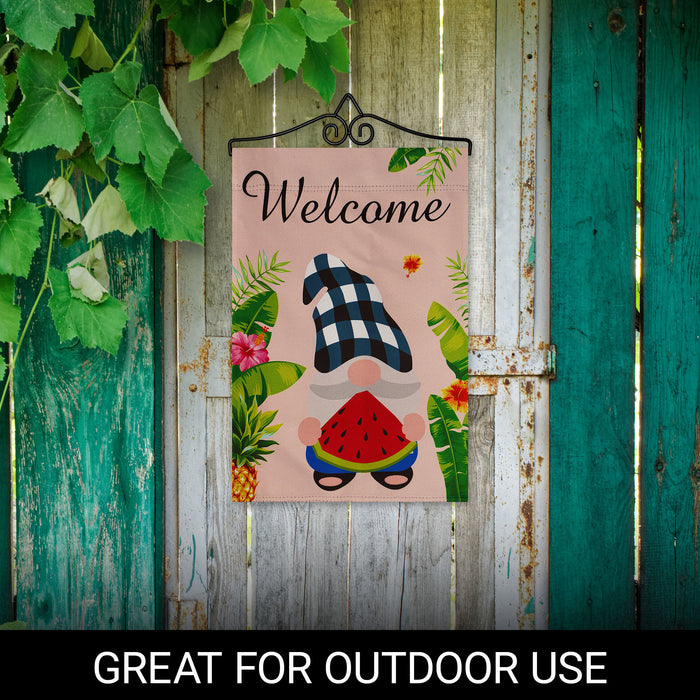 G128 Combo Pack Garden Flag Hanger 14IN & Garden Flag Welcome Gnome with Watermelon Slice 12x18IN Printed Double Sided Blockout Fabric