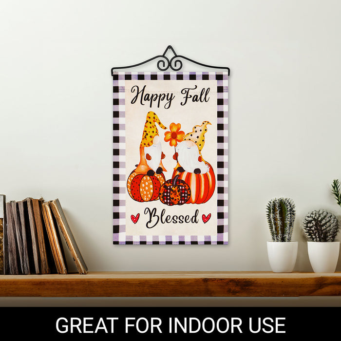 G128 Combo Pack Garden Flag Hanger 14IN & Garden Flag Happy Fall Blessed 2 Gnomes Sitting on Pumpkins 12x18IN Printed Double Sided Blockout Fabric