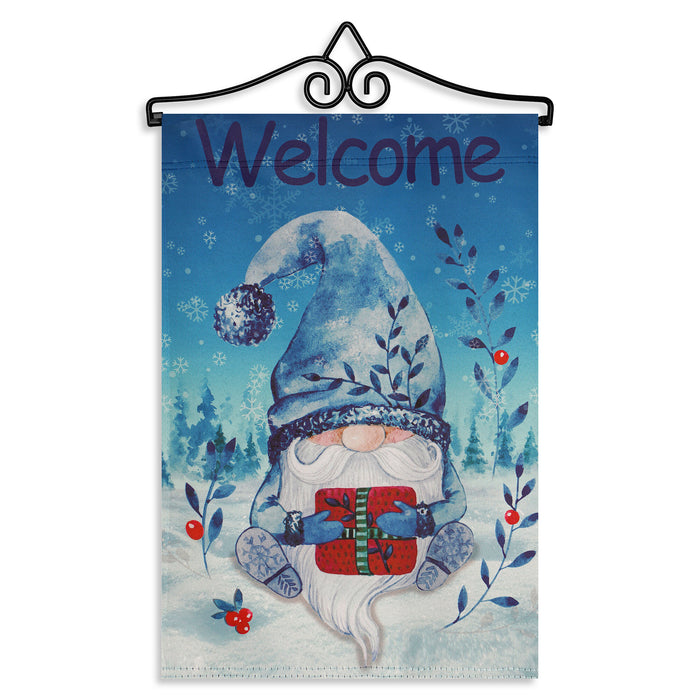 G128 Combo Pack Garden Flag Hanger 14IN & Garden Flag Welcome Festive Bearded Gnome with Parcel 12x18IN Printed Double Sided Blockout Fabric