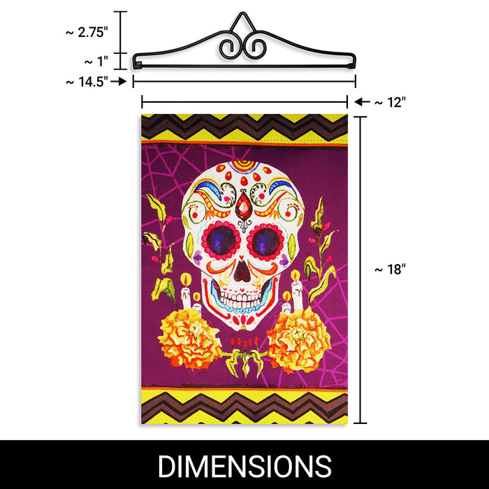 G128 Combo Pack Garden Flag Hanger 14IN & Garden Flag Day of the Dead Sugar Skull 12x18IN Printed Double Sided Blockout Fabric