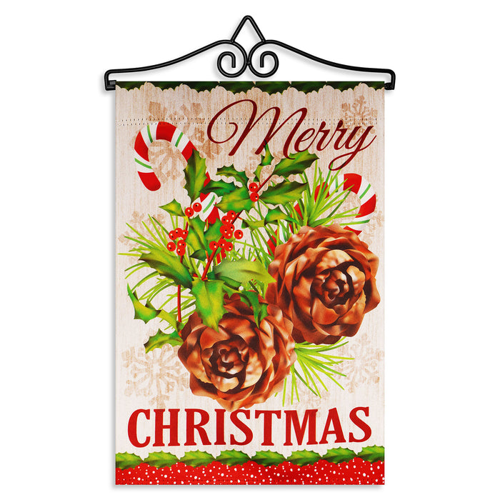 G128 Combo Pack Garden Flag Hanger 14IN & Garden Flag Merry Christmas Pinecone Bouquet 12x18IN Printed Double Sided Blockout Fabric