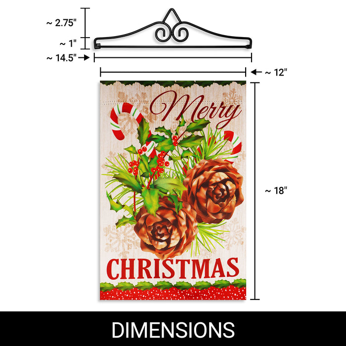 G128 Combo Pack Garden Flag Hanger 14IN & Garden Flag Merry Christmas Pinecone Bouquet 12x18IN Printed Double Sided Blockout Fabric