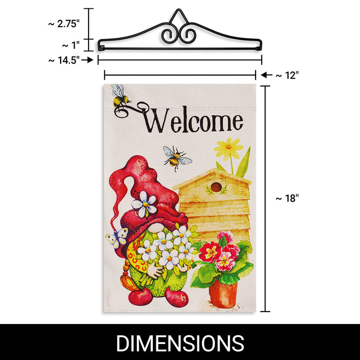 G128 Combo Pack Garden Flag Hanger 14IN & Garden Flag Welcome Gnome with Flowers 12x18IN Printed Double Sided Blockout Fabric