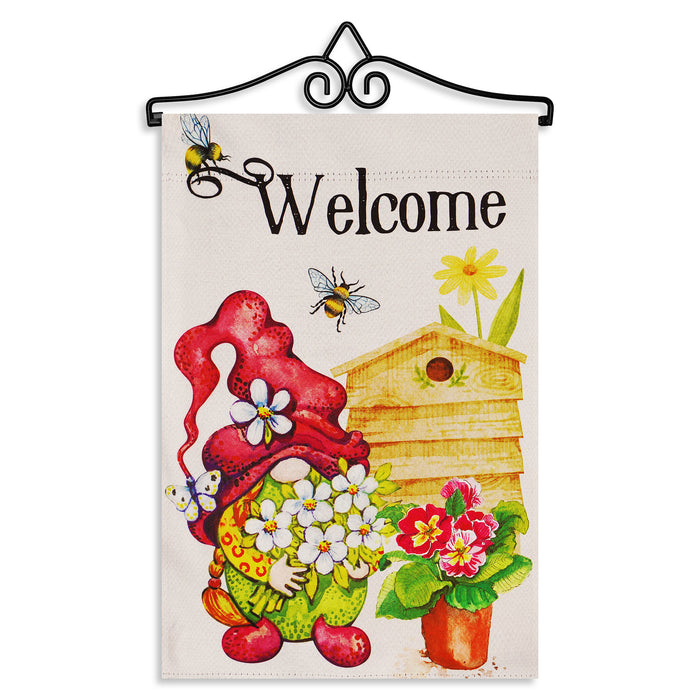 G128 Combo Pack Garden Flag Hanger 14IN & Garden Flag Welcome Gnome with Flowers 12x18IN Printed Double Sided Blockout Fabric