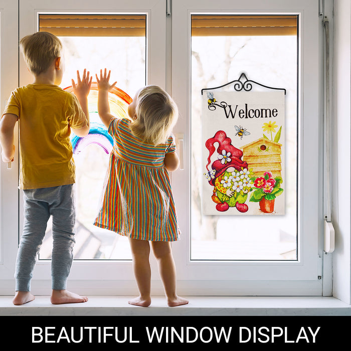 G128 Combo Pack Garden Flag Hanger 14IN & Garden Flag Welcome Gnome with Flowers 12x18IN Printed Double Sided Blockout Fabric