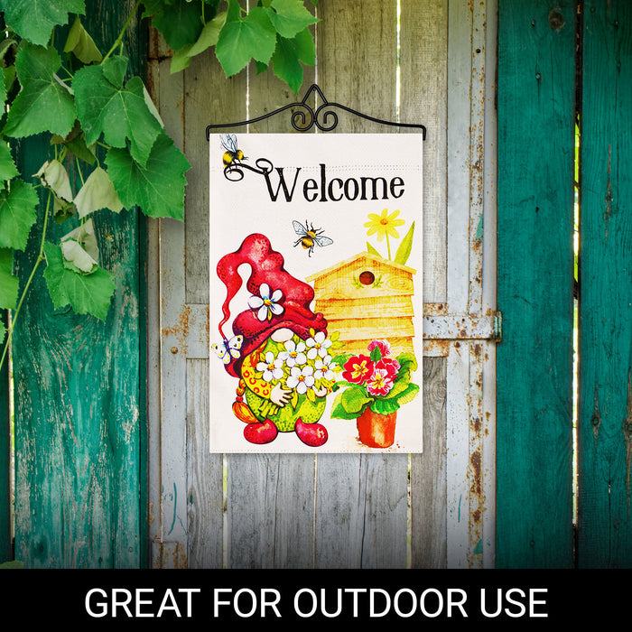 G128 Combo Pack Garden Flag Hanger 14IN & Garden Flag Welcome Gnome with Flowers 12x18IN Printed Double Sided Blockout Fabric