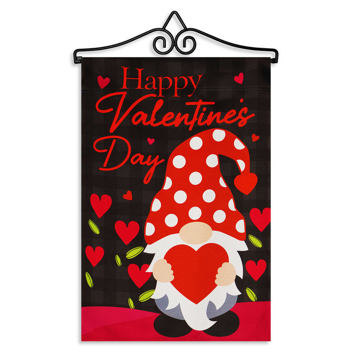 G128 Combo Pack Garden Flag Hanger 14IN & Garden Flag Happy Valentine's Day Gnome Holding Red Heart 12x18IN Printed Double Sided Blockout Fabric