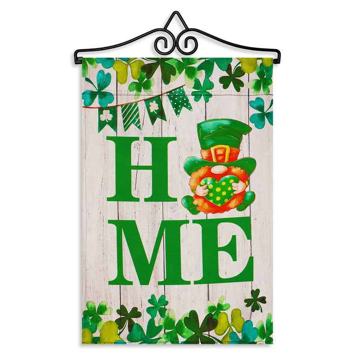 G128 Combo Pack Garden Flag Hanger 14IN & Garden Flag Home St. Patrick's Day Gnome with Green Heart 12x18IN Printed Double Sided Blockout Fabric