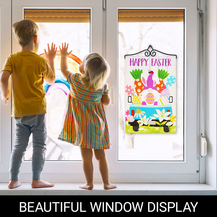 G128 Combo Pack Garden Flag Hanger 14IN & Garden Flag Happy Easter Gnome in Truck Blockout 12x18IN Printed Double Sided Blockout Fabric