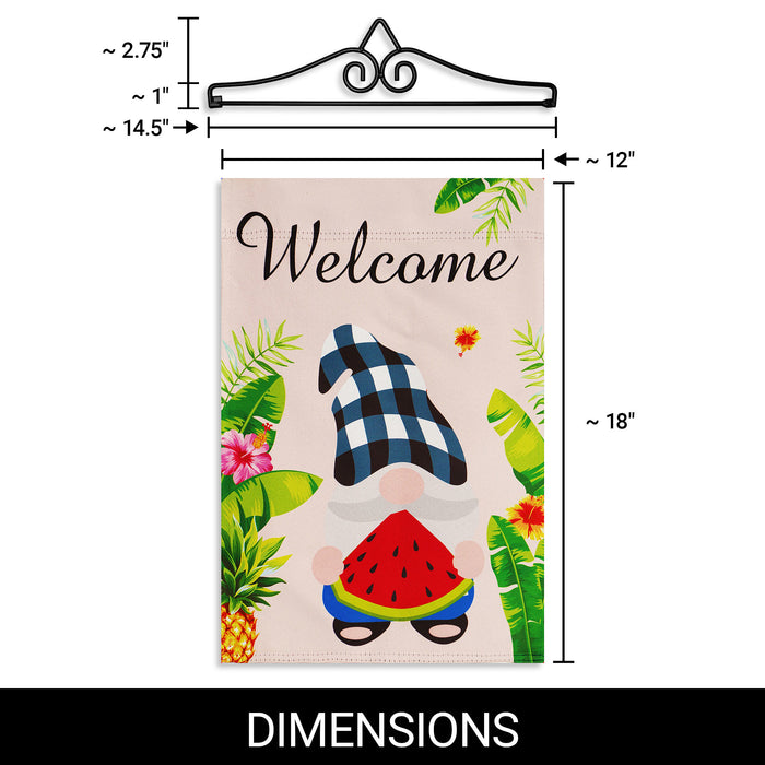 G128 Combo Pack Garden Flag Hanger 14IN & Garden Flag Welcome Gnome with Watermelon Slice 12x18IN Printed Double Sided Blockout Fabric
