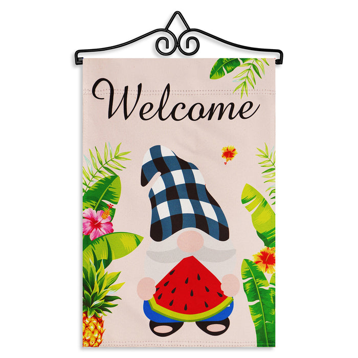 G128 Combo Pack Garden Flag Hanger 14IN & Garden Flag Welcome Gnome with Watermelon Slice 12x18IN Printed Double Sided Blockout Fabric