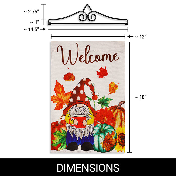 G128 Combo Pack Garden Flag Hanger 14IN & Garden Flag Welcome Gnome with Coffee at Harvest 12x18IN Printed Double Sided Blockout Fabric