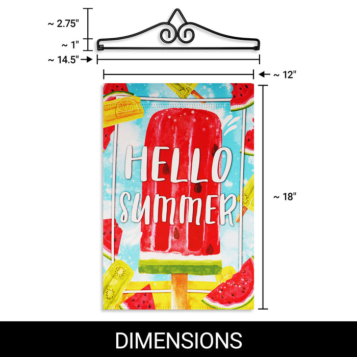 G128 Combo Pack Garden Flag Hanger 14IN & Garden Flag Hello Summer Watermelon Popsicle 12x18IN Printed Double Sided Blockout Fabric