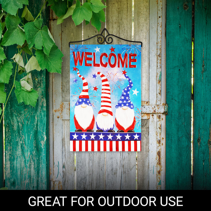 G128 Combo Pack Garden Flag Hanger 14IN & Garden Flag Welcome 3 Patriotic Gnomes 12x18IN Printed Double Sided Blockout Fabric
