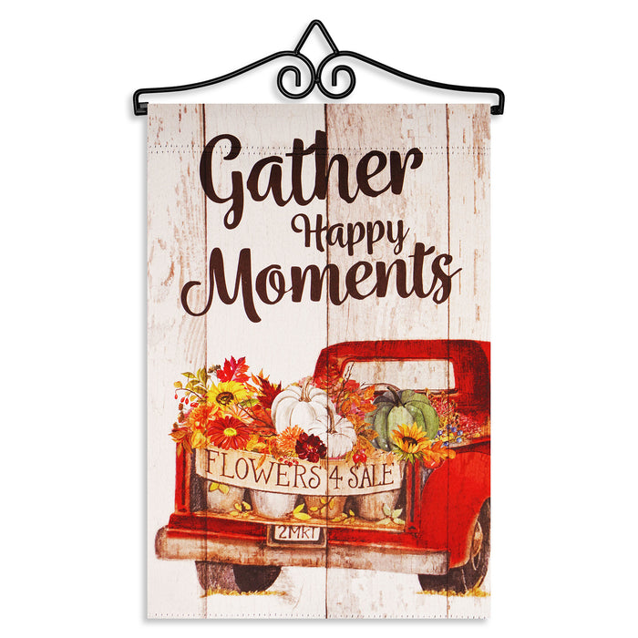 G128 Combo Pack Garden Flag Hanger 14IN & Garden Flag Gather Happy Moments Flower Truck 12x18IN Printed Double Sided Blockout Fabric