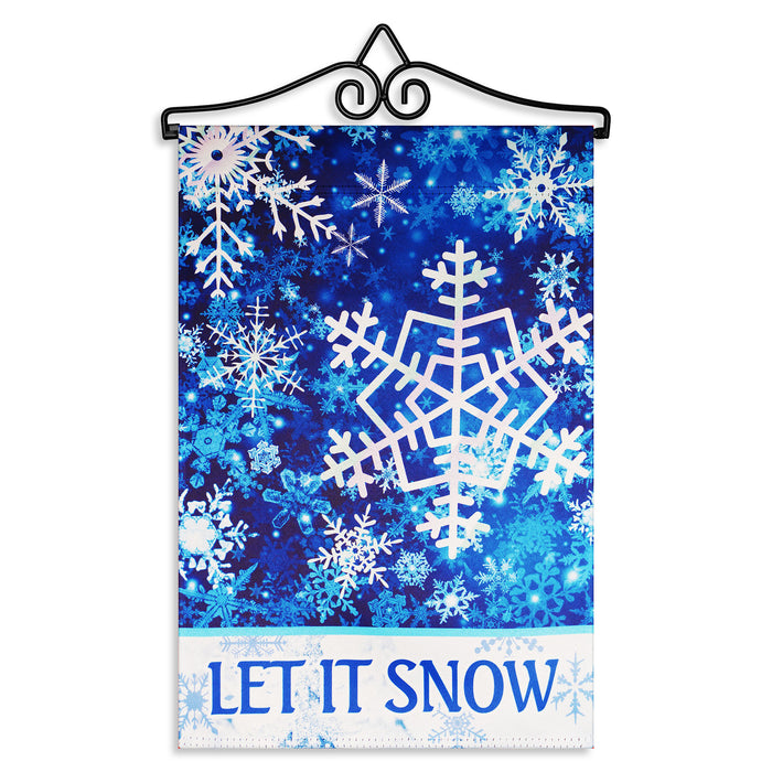 G128 Combo Pack Garden Flag Hanger 14IN & Garden Flag Let It Snow Snowflakes 12x18IN Printed Double Sided Blockout Fabric