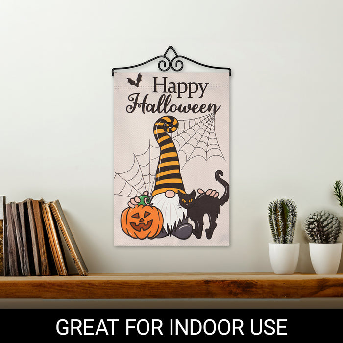 G128 Combo Pack Garden Flag Hanger 14IN & Garden Flag Happy Halloween Gnome with Pumpkin and Black Cat 12x18IN Printed Double Sided Blockout Fabric