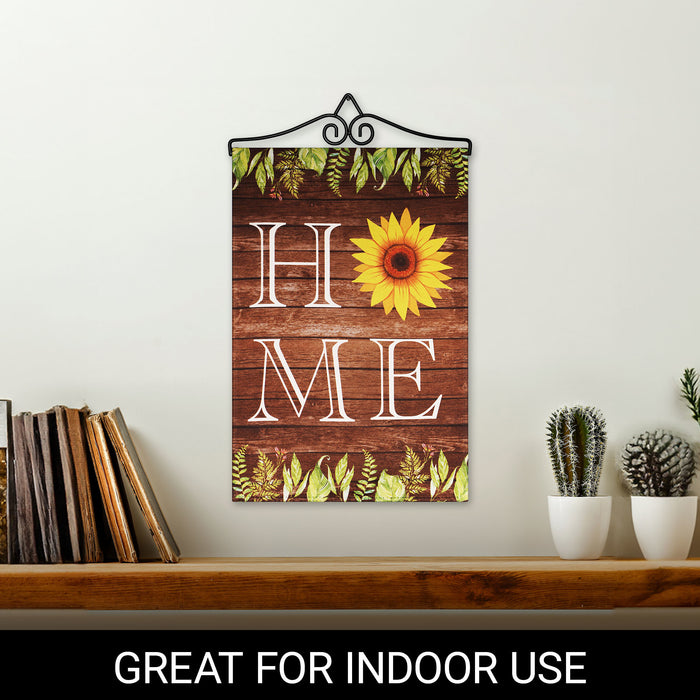G128 Combo Pack Garden Flag Hanger 14IN & Garden Flag Home Sunflower on Rustic Wood 12x18IN Printed Double Sided Blockout Fabric