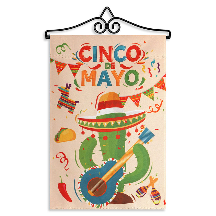 G128 Combo Pack Garden Flag Hanger 14IN & Garden Flag Cinco De Mayo Cactus 12x18IN Printed Double Sided Blockout Fabric