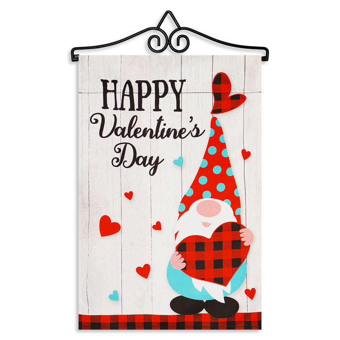 G128 Combo Pack Garden Flag Hanger 14IN & Garden Flag Happy Valentine's Day Gnome Holding Plaid Heart 12x18IN Printed Double Sided Blockout Fabric