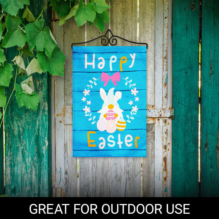 G128 Combo Pack Garden Flag Hanger 14IN & Garden Flag Happy Easter Rabbit Gnome with Eggs 12x18IN Printed Double Sided Blockout Fabric
