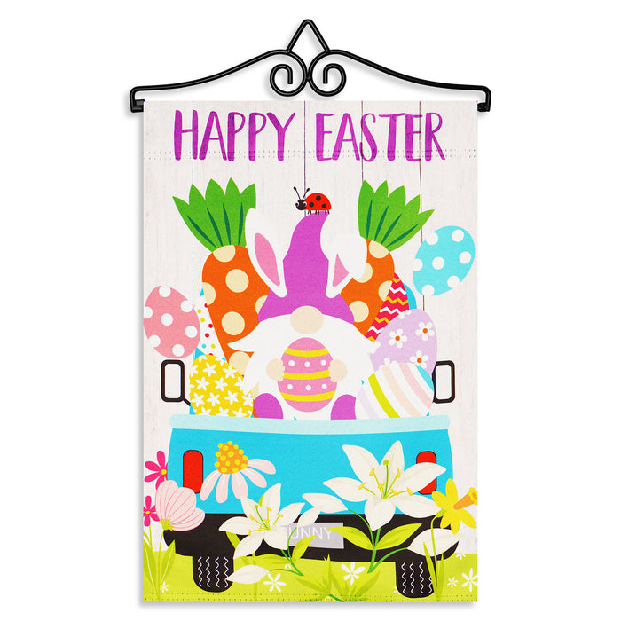 G128 Combo Pack Garden Flag Hanger 14IN & Garden Flag Happy Easter Gnome in Truck Blockout 12x18IN Printed Double Sided Blockout Fabric