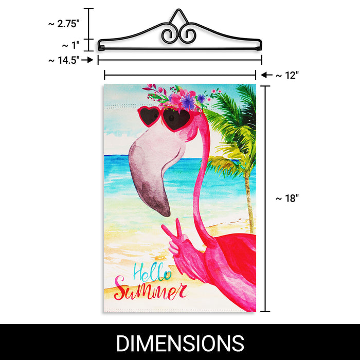 G128 Combo Pack Garden Flag Hanger 14IN & Garden Flag Hello Summer Peace Sign Flamingo 12x18IN Printed Double Sided Blockout Fabric