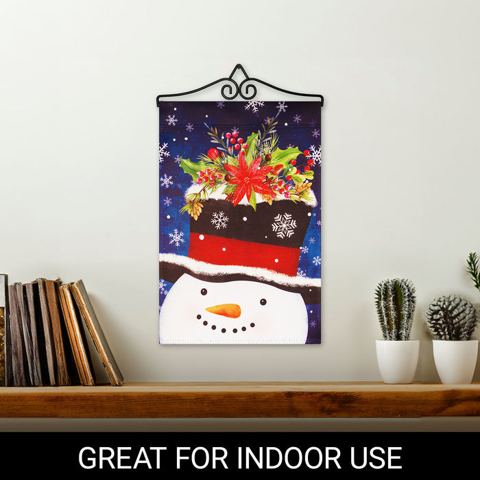 G128 Combo Pack Garden Flag Hanger 14IN & Garden Flag Snowman with Festive Evergreen Top Hat 12x18IN Printed Double Sided Blockout Fabric