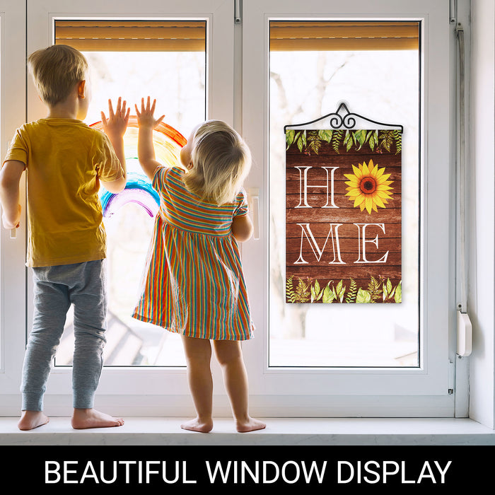 G128 Combo Pack Garden Flag Hanger 14IN & Garden Flag Home Sunflower on Rustic Wood 12x18IN Printed Double Sided Blockout Fabric