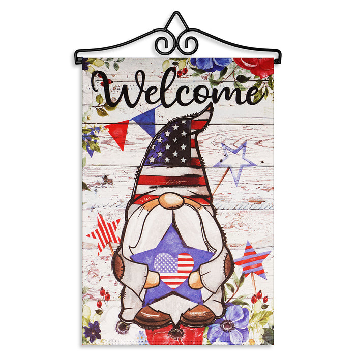 G128 Combo Pack Garden Flag Hanger 14IN & Garden Flag Welcome Patriotic Gnome with Star 12x18IN Printed Double Sided Blockout Fabric