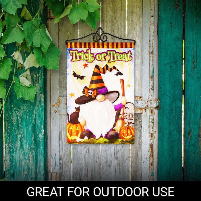 G128 Combo Pack Garden Flag Hanger 14IN & Garden Flag Trick or Treat Witch Hat Gnome with Broom 12x18IN Printed Double Sided Blockout Fabric