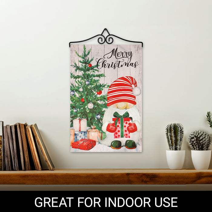 G128 Combo Pack Garden Flag Hanger 14IN & Garden Flag Merry Christmas Santa Gnome with Present 12x18IN Printed Double Sided Blockout Fabric