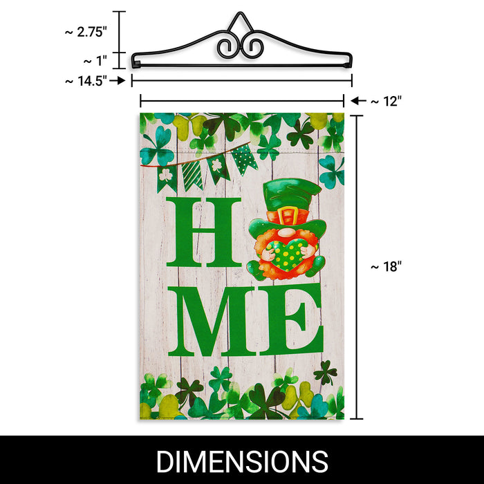 G128 Combo Pack Garden Flag Hanger 14IN & Garden Flag Home St. Patrick's Day Gnome with Green Heart 12x18IN Printed Double Sided Blockout Fabric