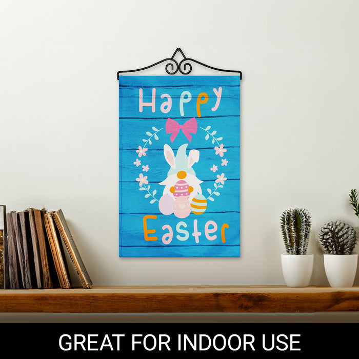 G128 Combo Pack Garden Flag Hanger 14IN & Garden Flag Happy Easter Rabbit Gnome with Eggs 12x18IN Printed Double Sided Blockout Fabric