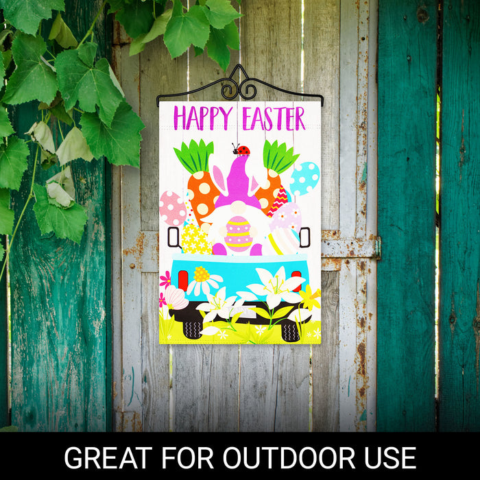 G128 Combo Pack Garden Flag Hanger 14IN & Garden Flag Happy Easter Gnome in Truck Blockout 12x18IN Printed Double Sided Blockout Fabric