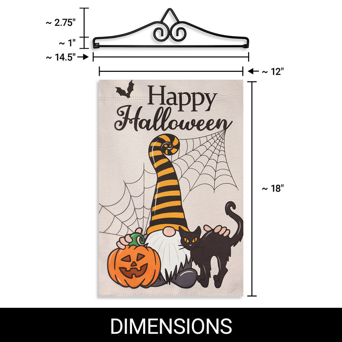 G128 Combo Pack Garden Flag Hanger 14IN & Garden Flag Happy Halloween Gnome with Pumpkin and Black Cat 12x18IN Printed Double Sided Blockout Fabric