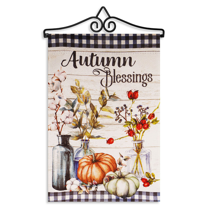 G128 Combo Pack Garden Flag Hanger 14IN & Garden Flag Autumn Blessings Pumpkins and Flower Vases 12x18IN Printed Double Sided Blockout Fabric