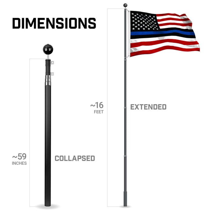 G128 Combo Pack: 16 Ft Telescoping Aluminum Flagpole (Black) & Blue Lives Matter Flag 3x5 Ft, StormFlyer Series Embroidered 220GSM Spun Polyester | Pole with Flag Included