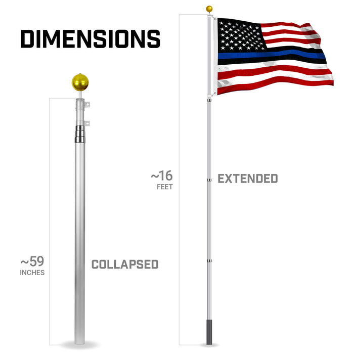G128 Combo Pack: 16 Ft Telescoping Aluminum Flagpole (Silver) & Blue Lives Matter Flag 3x5 Ft, StormFlyer Series Embroidered 220GSM Spun Polyester | Pole with Flag Included